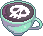 pixel image of a green cup of coffee with a skull foam design